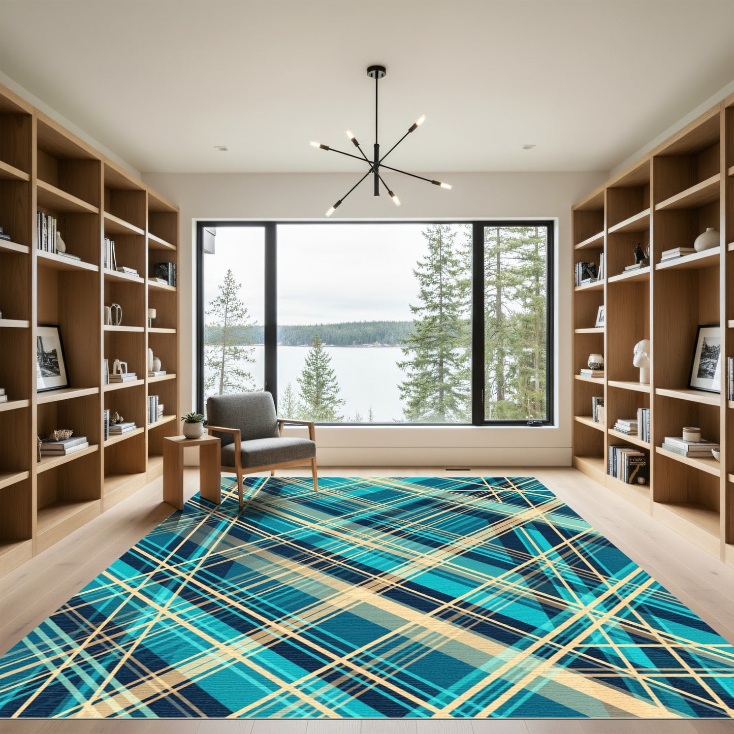 Aqua Tan Intersecting Plaid Lines Rug