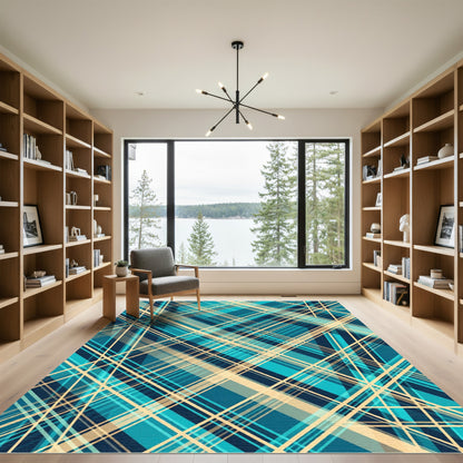 Aqua Tan Intersecting Plaid Lines Rug