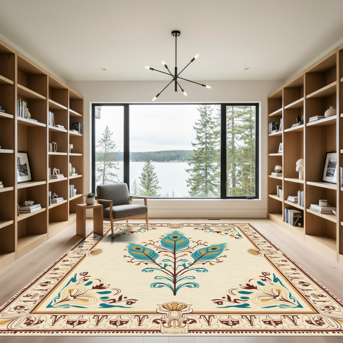 Turquoise Teal Peacock Feather Central Crest Rug