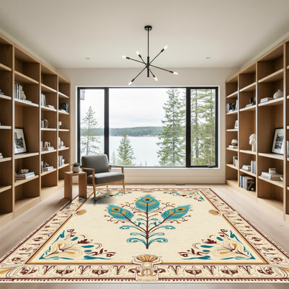 Turquoise Teal Peacock Feather Central Crest Rug