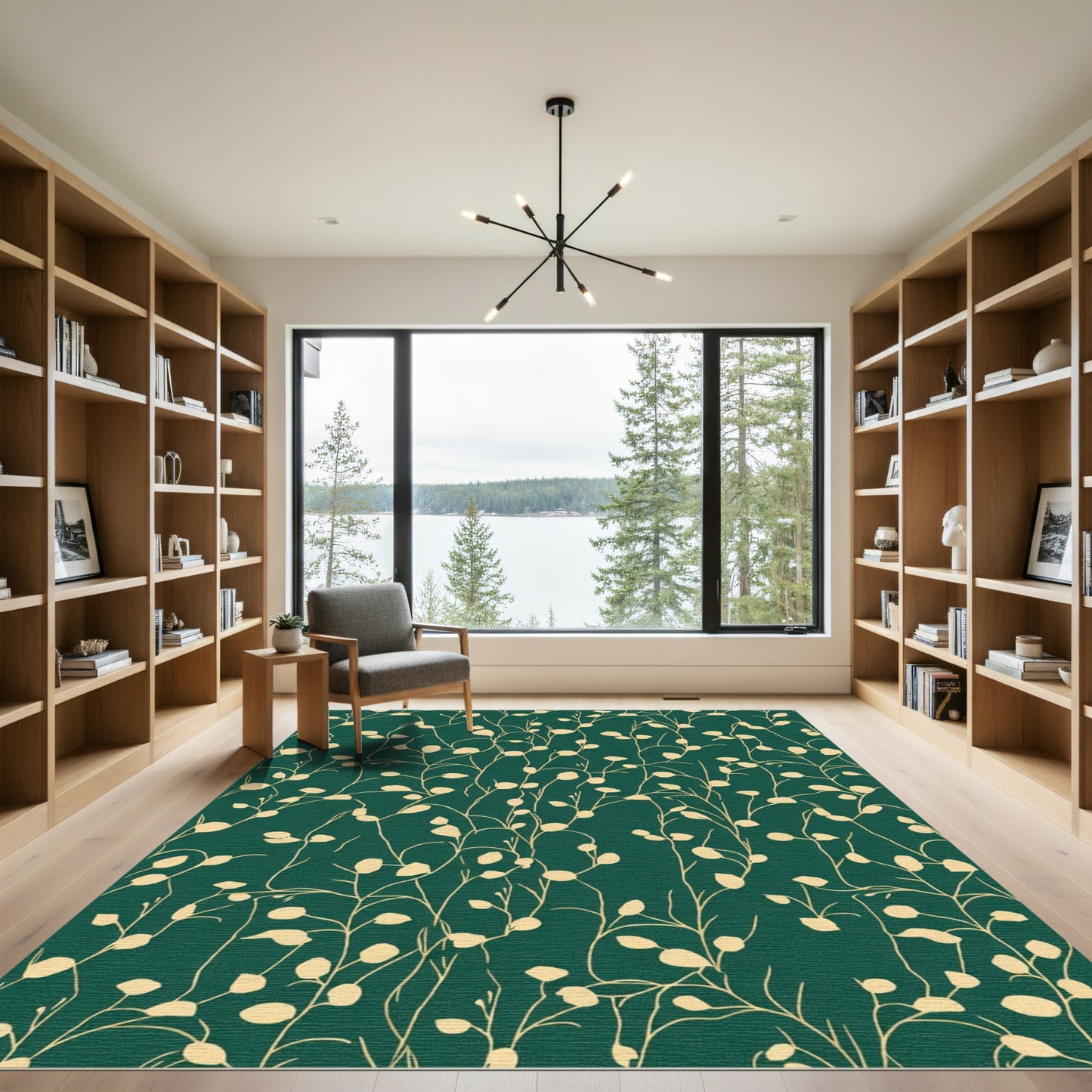 Deep Green Botanical Vine Swirl Rug