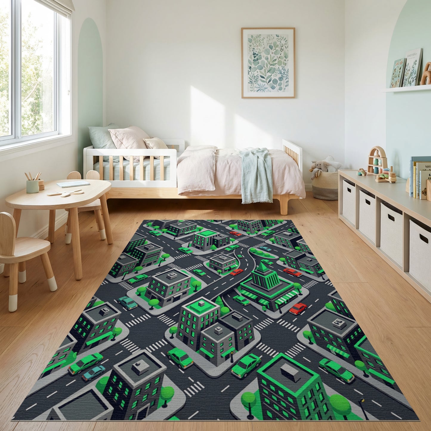 Modern Isometric Green City Grid Rug