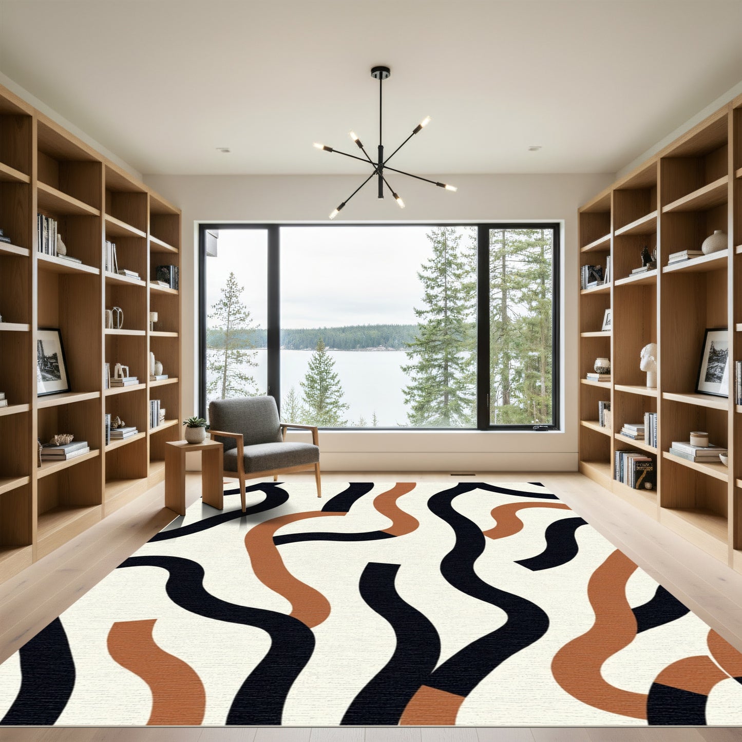 Abstract Black Brown Wavy Lines Rug