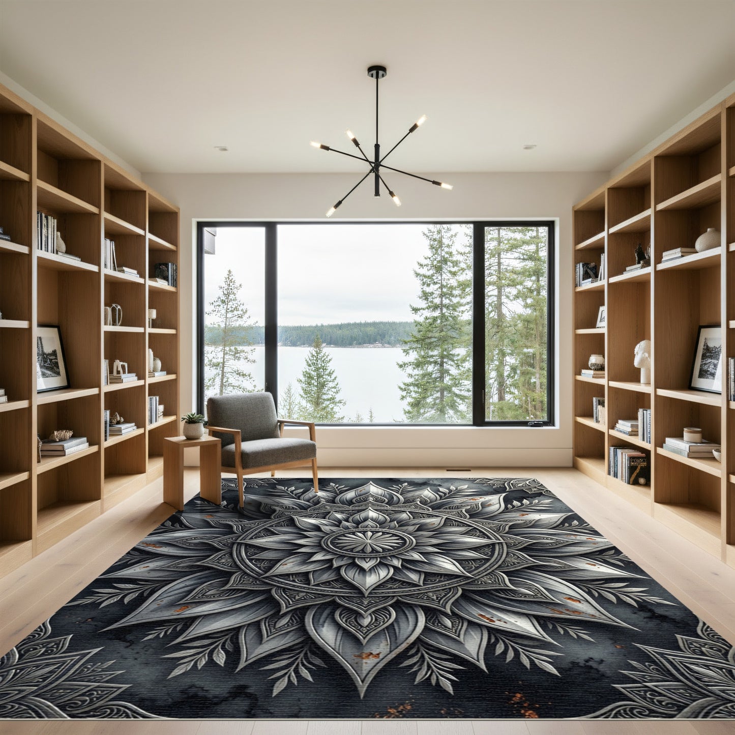 Silver Metallic Floral Mandala Medallion Rug