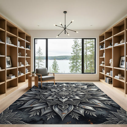 Silver Metallic Floral Mandala Medallion Rug