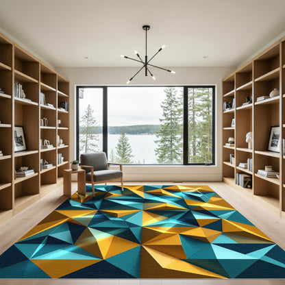 Teal And Gold Geometric Facet Rug