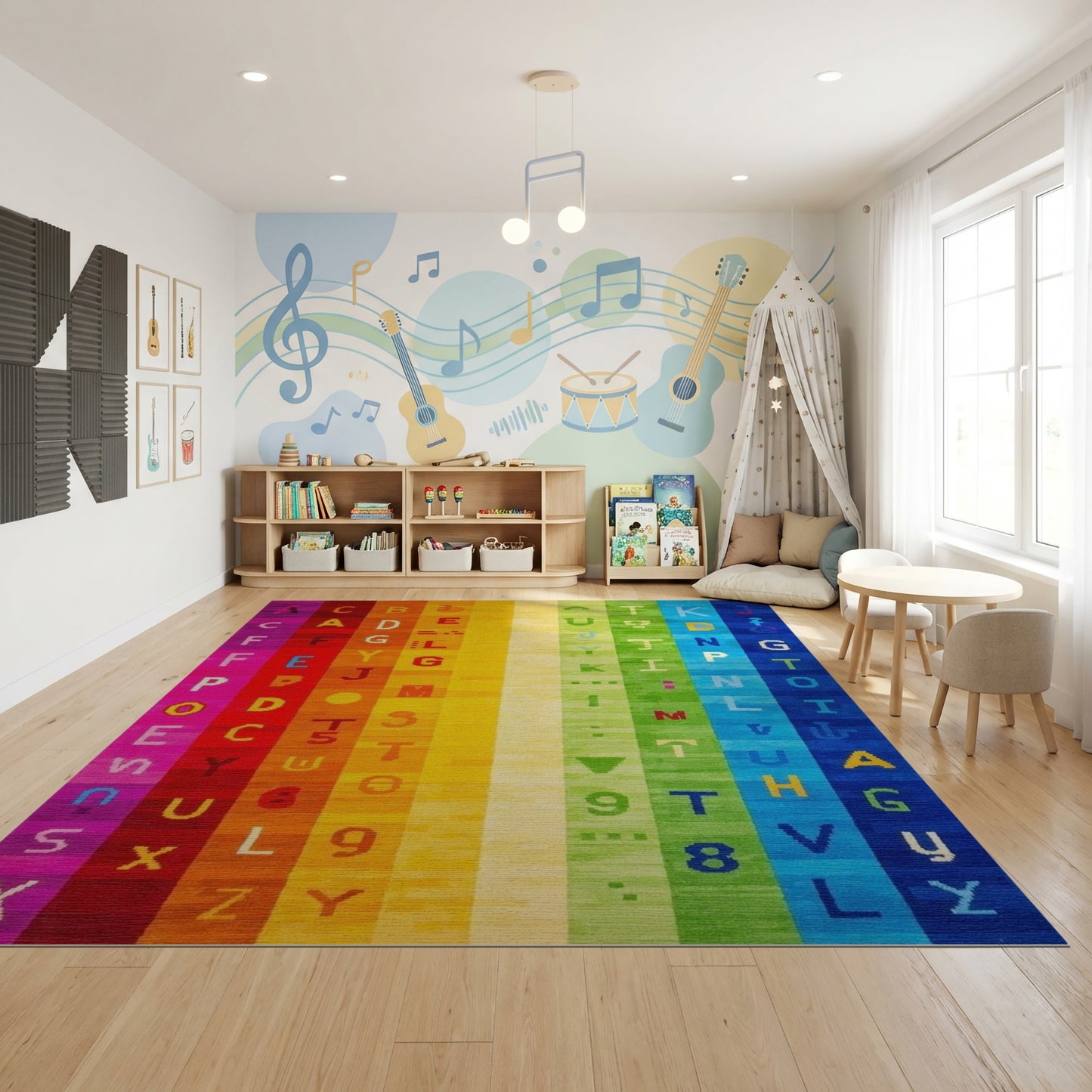 Vibrant Rainbow Alphabet Stripes Rug