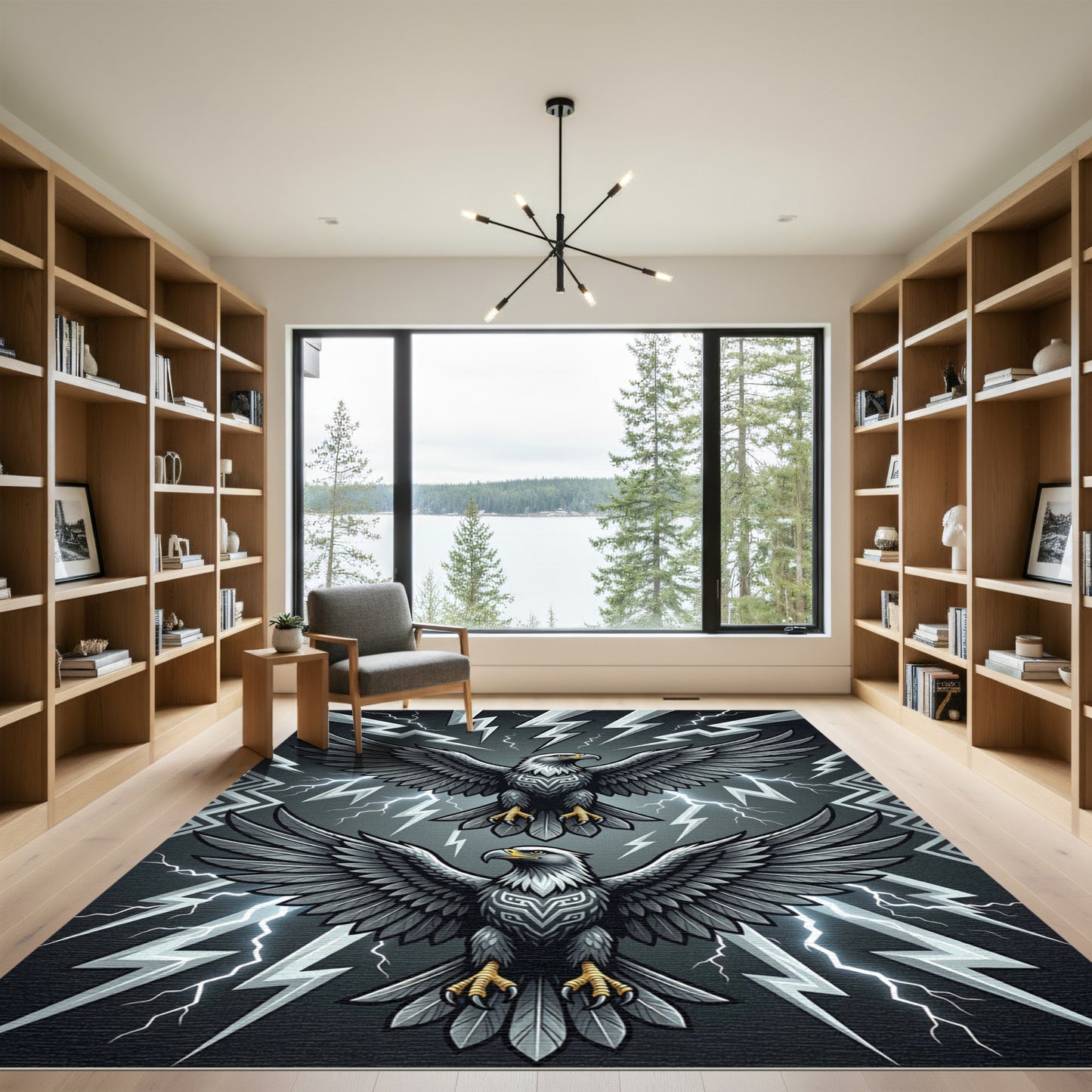 Powerful Gray Eagles Lightning Strike Pattern Rug