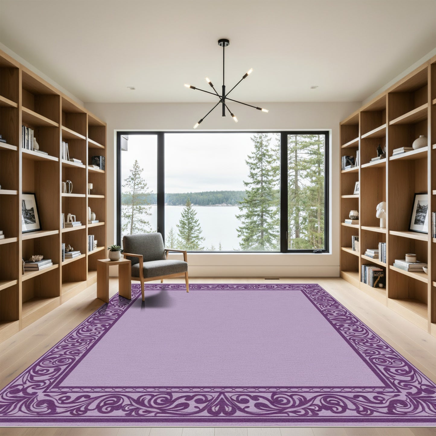 Ornate Purple Scrollwork Border Rug