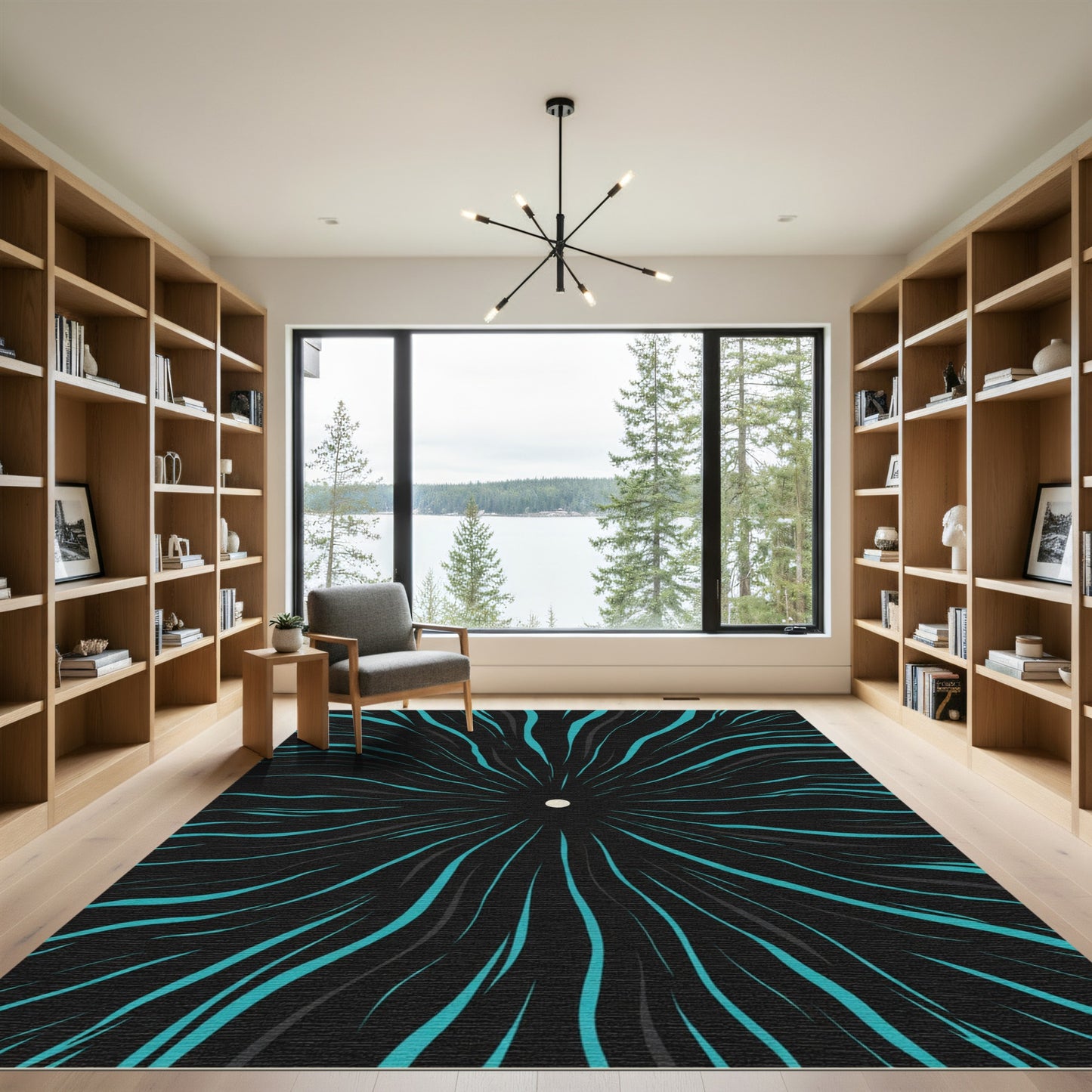 Abstract Teal Starburst Radiating Lines Rug