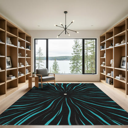 Abstract Teal Starburst Radiating Lines Rug