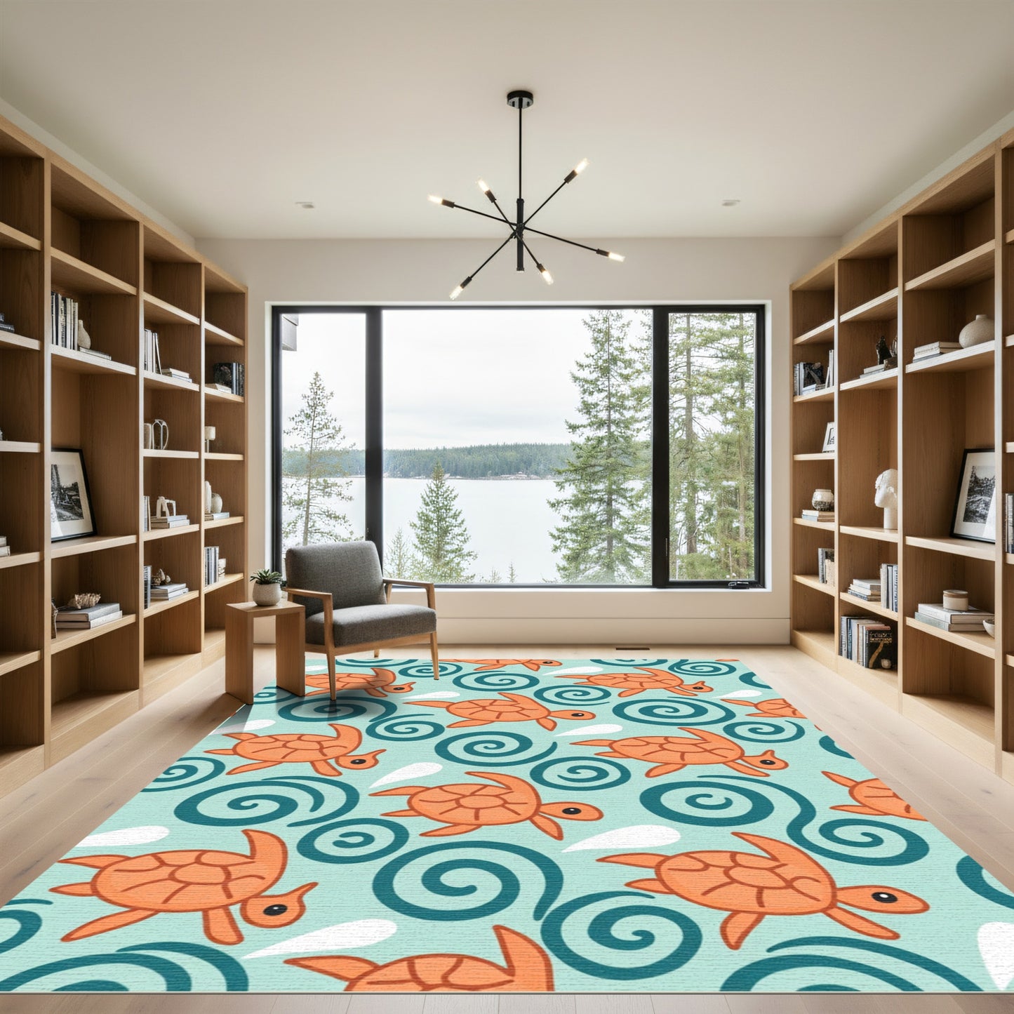 Orange Turtles Swirling Ocean Waves Rug