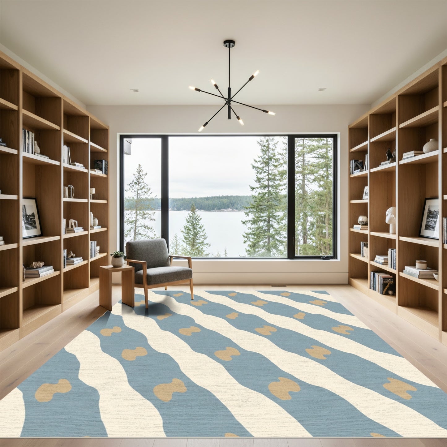 Blue Tan Wave Stripe Abstract Rug