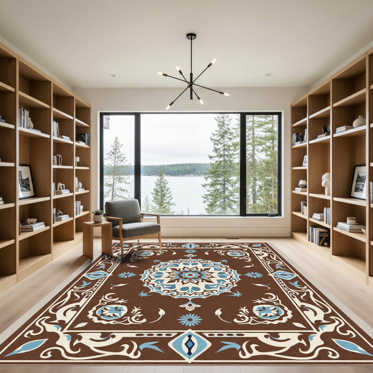 Brown Blue Ivory Medallion Floral Border Rug