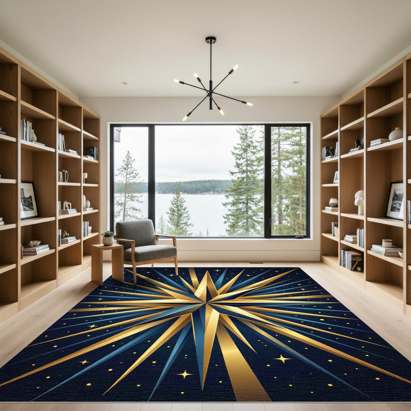 Celestial Gold Burst Navy Starry Art Rug