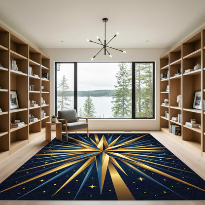 Celestial Gold Burst Navy Starry Art Rug