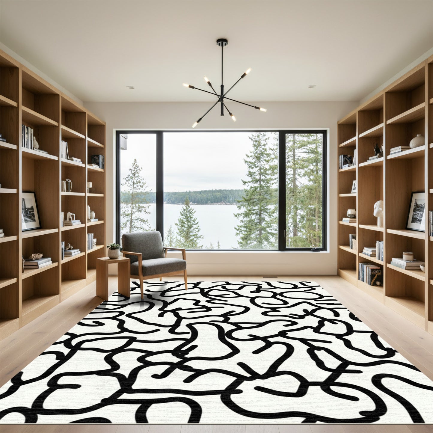 Black White Abstract Organic Lines Rug