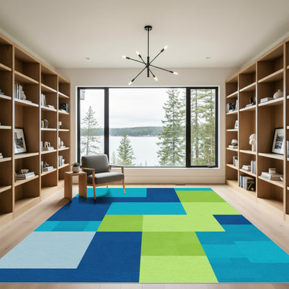 Modern Abstract Teal Blue Squares Rug