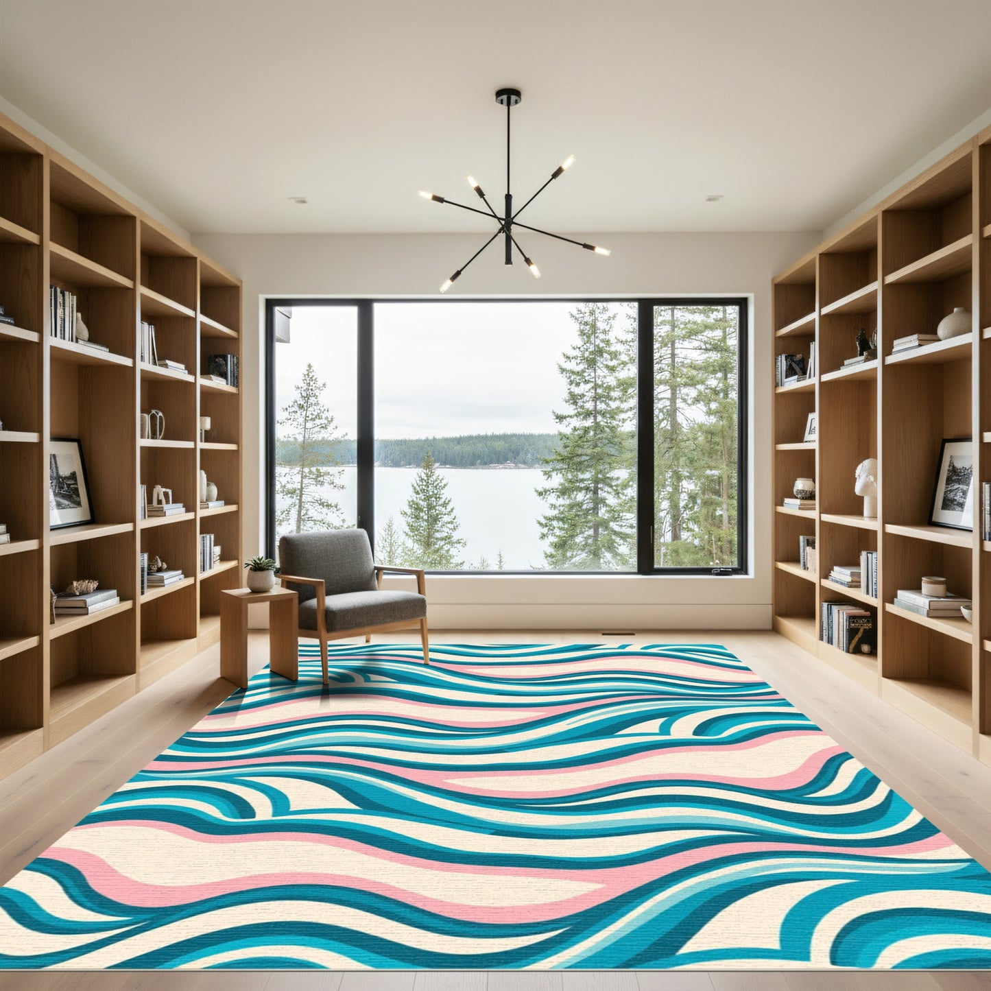 Cream Teal Pink Flowing Waves Rug