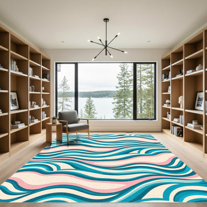 Cream Teal Pink Flowing Waves Rug