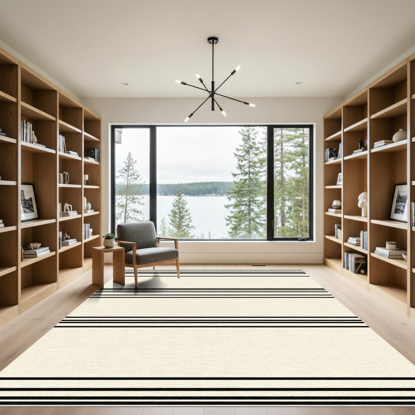 Cream Black Thin Stripe Rug