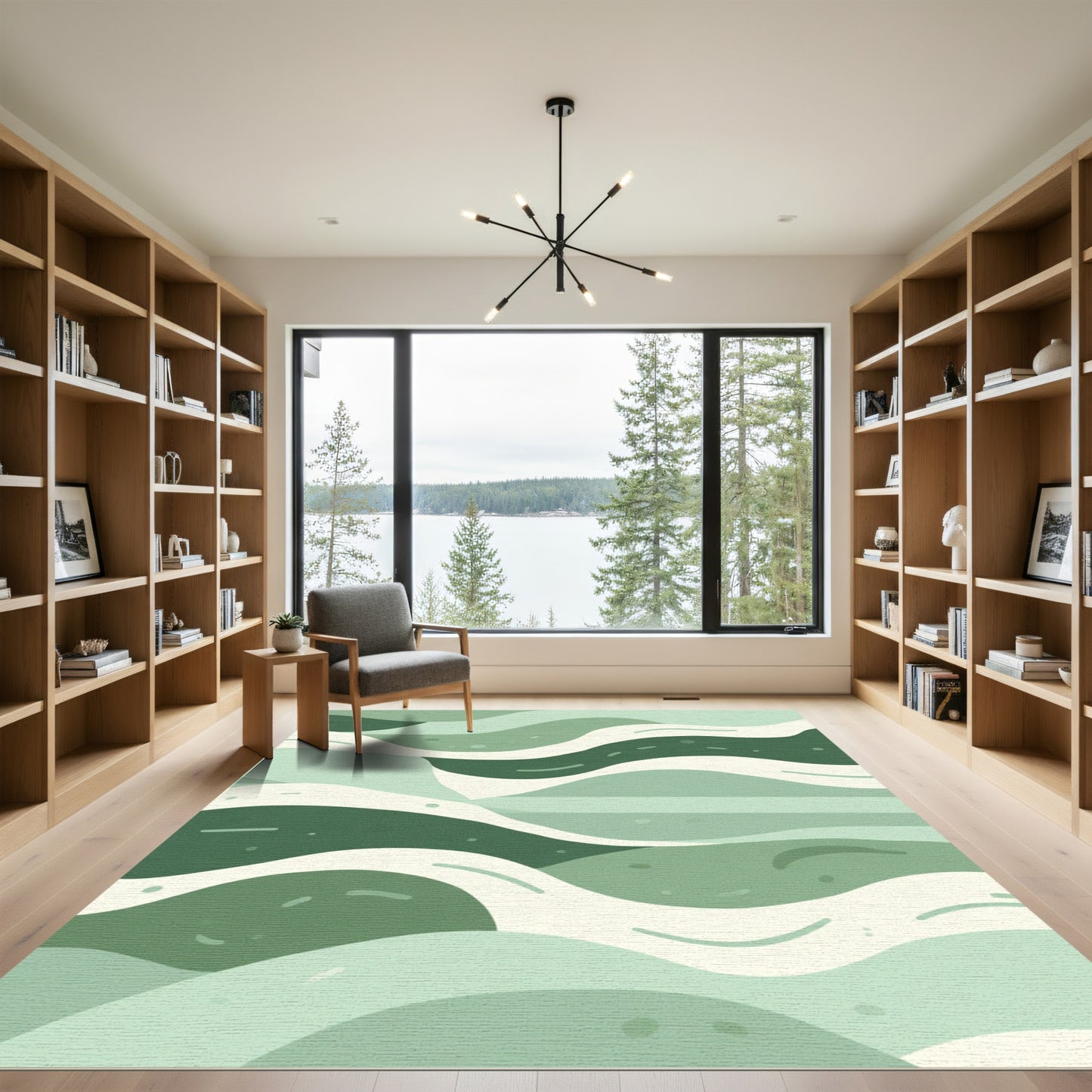 Green and Cream Wave Landscape Rug