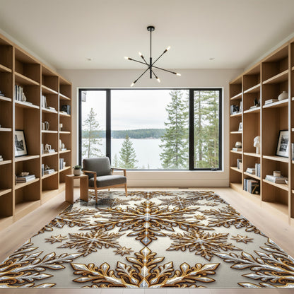 Golden Metallic Snowflake Ornamented Rug