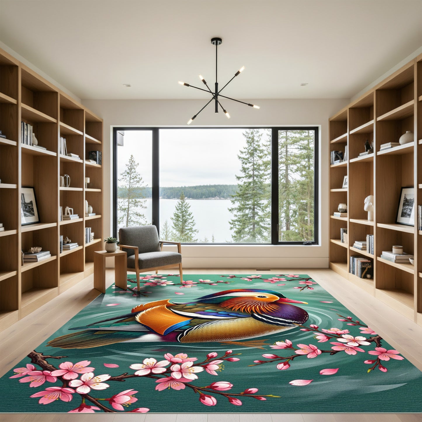 Vibrant Mandarin Duck Cherry Blossom Rug