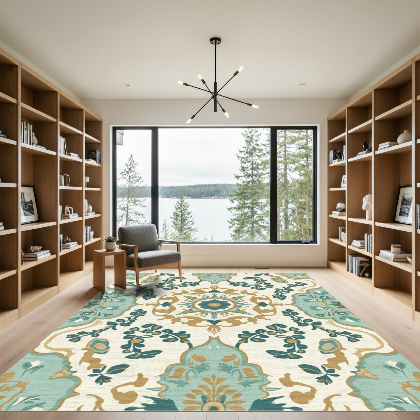 Aqua Gold Floral Medallion Tapestry Rug