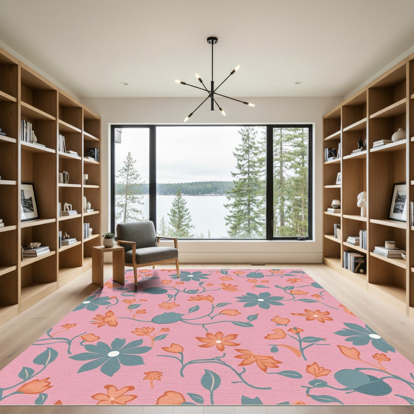 Coral Teal Floral Sprig Harmony Rug