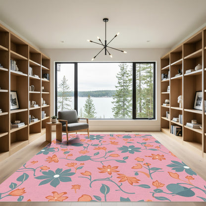 Coral Teal Floral Sprig Harmony Rug