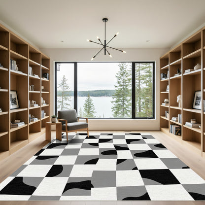 Distorted Black White Checkerboard Flow Rug