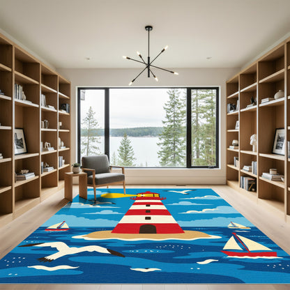 Striped Lighthouse Sailboats Seagulls Seascape Rug