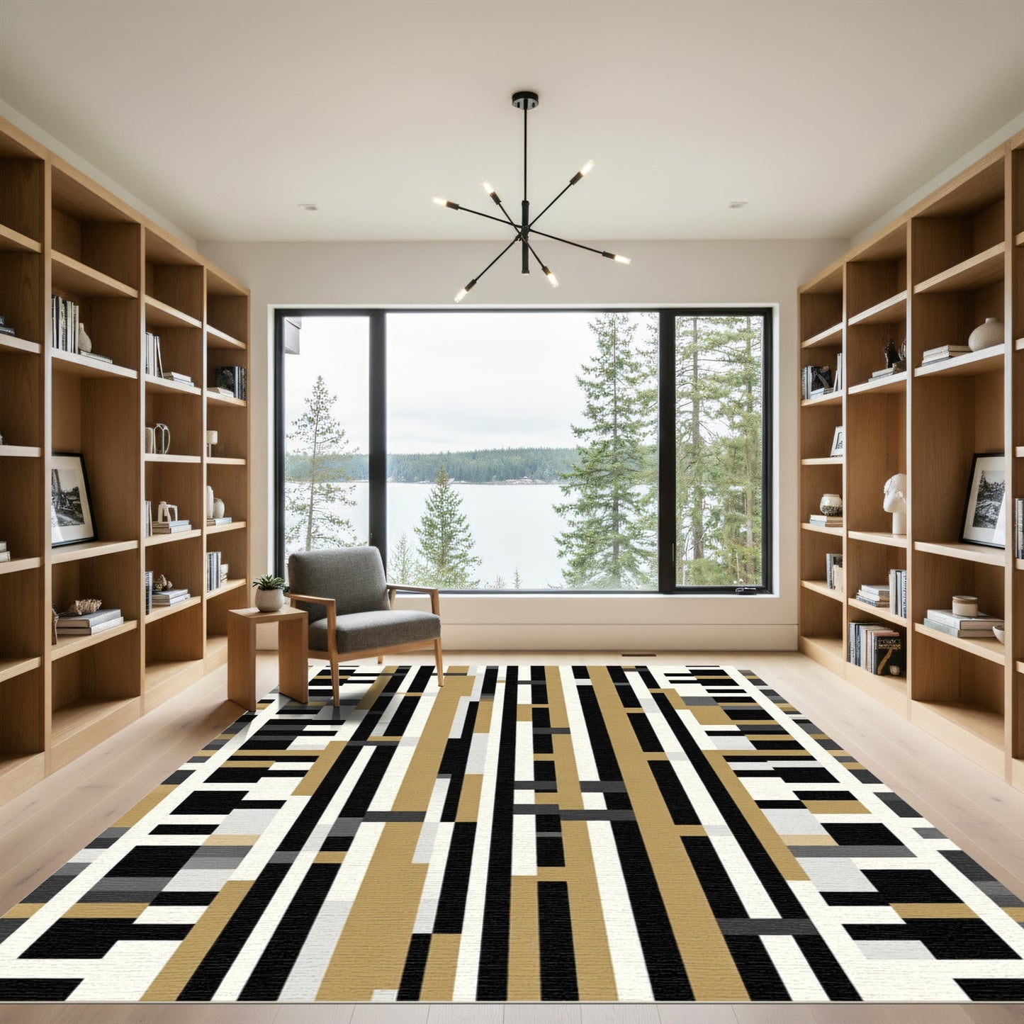 Modern Gold Black Striped Rectangles Rug