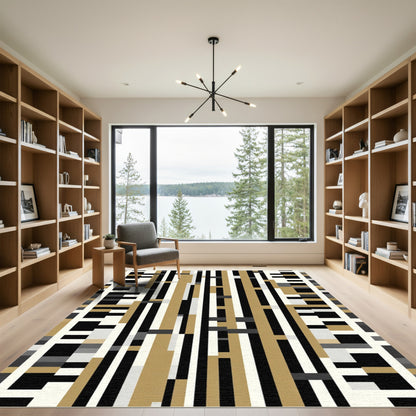 Modern Gold Black Striped Rectangles Rug