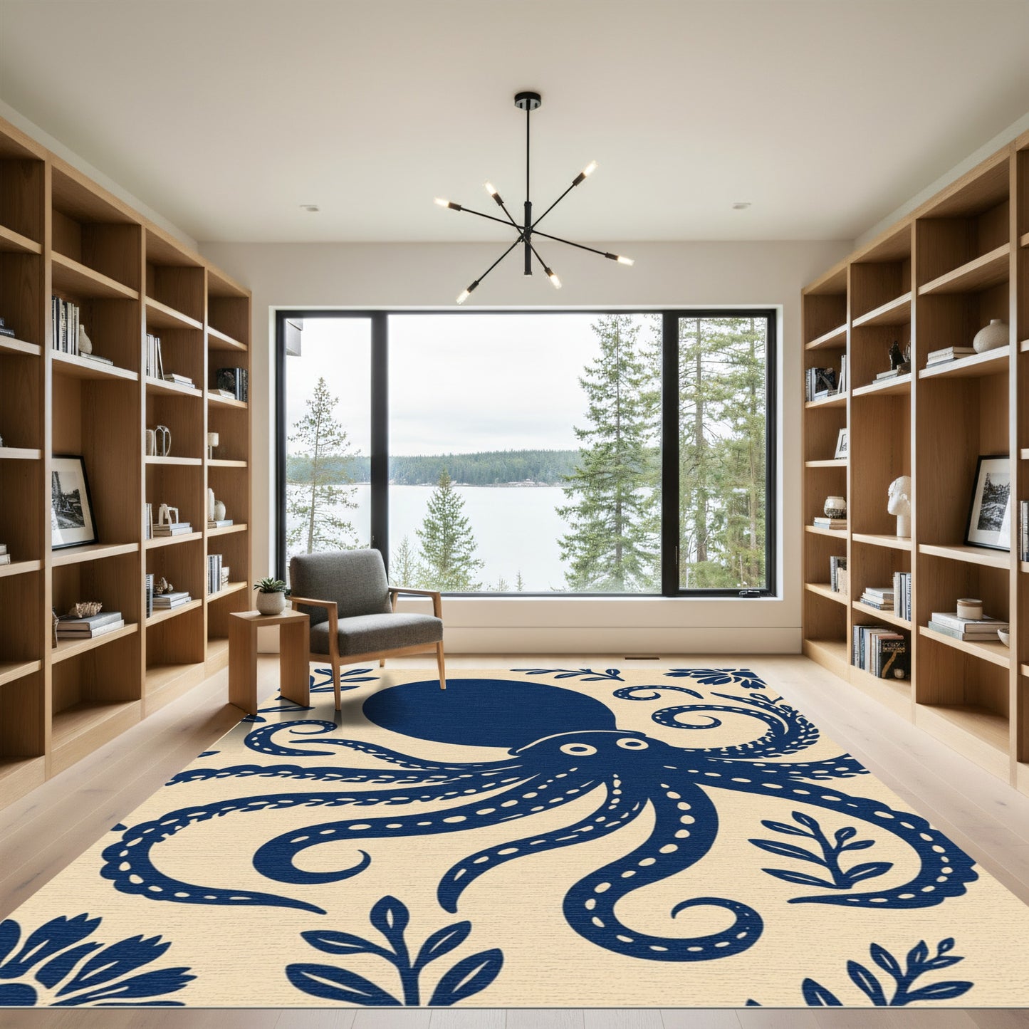 Navy Blue Octopus Floral Border Rug