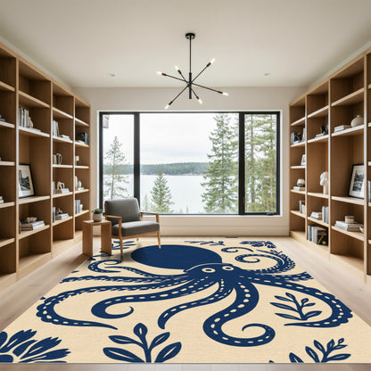 Navy Blue Octopus Floral Border Rug