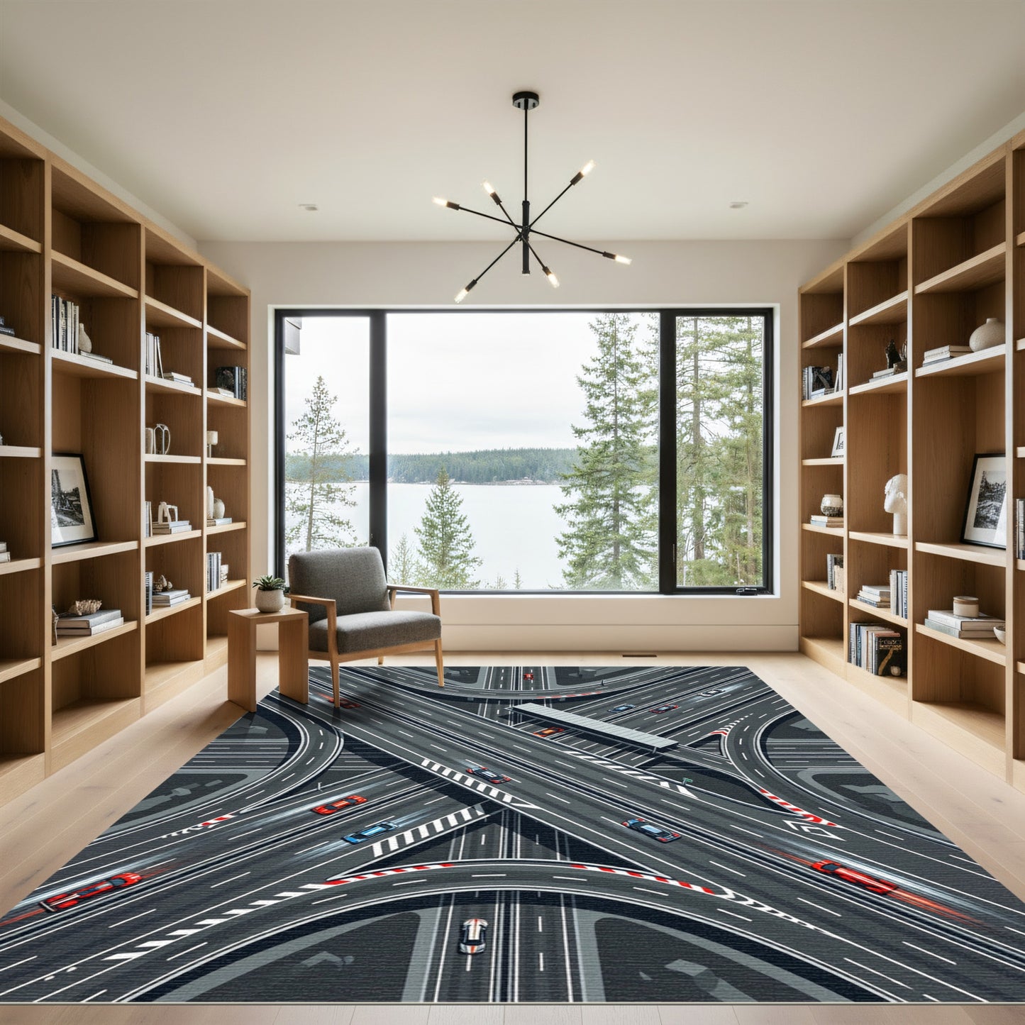 Modern Gray Highway Intersection Road Map Rug