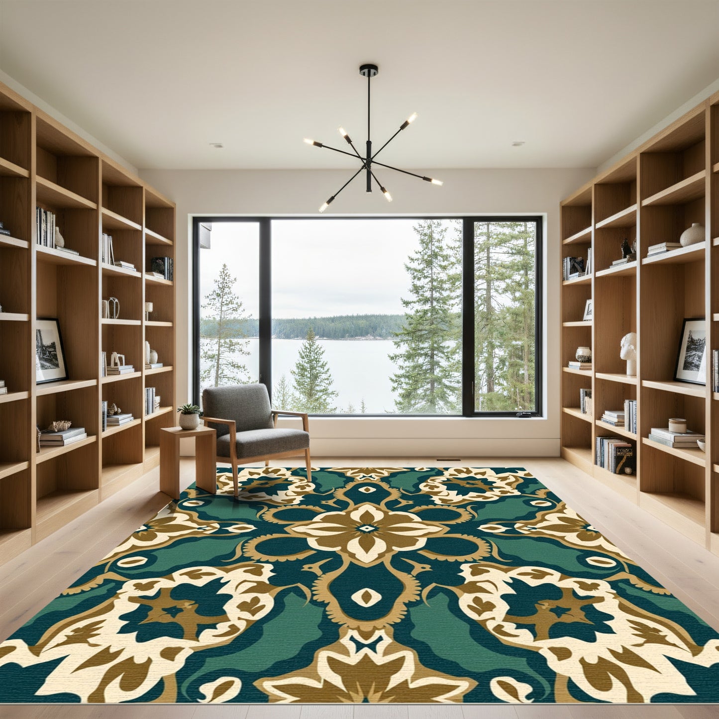 Teal Amber Floral Damask Symmetry Rug