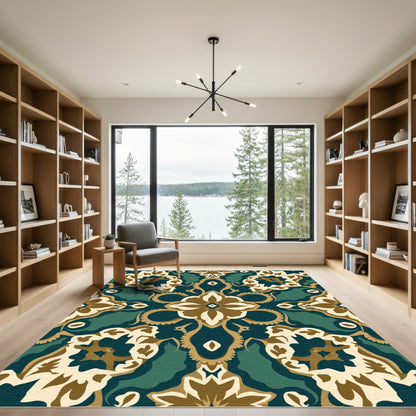 Teal Amber Floral Damask Symmetry Rug