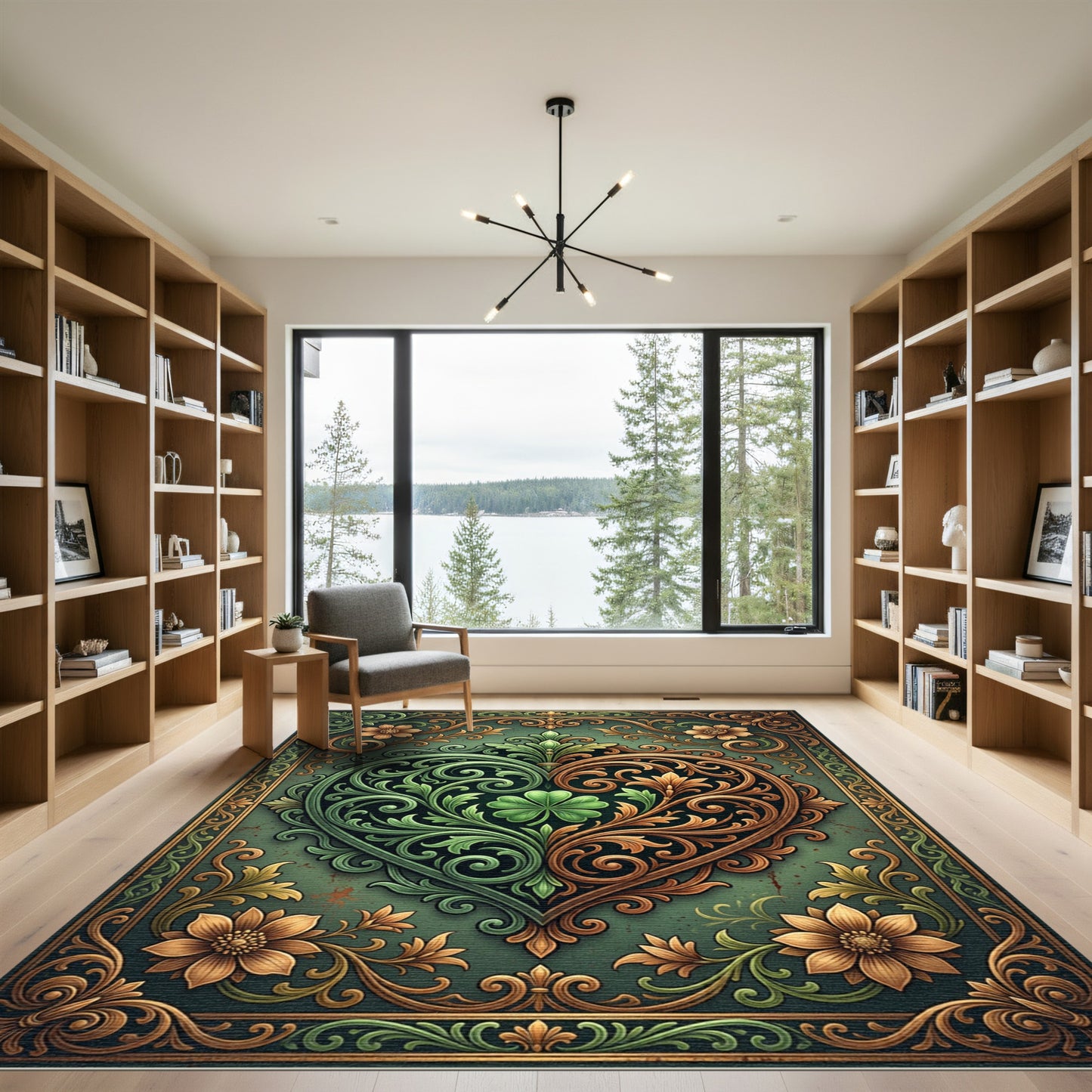 Ornate Emerald and Gold Clover Heart Rug