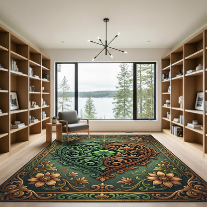 Ornate Emerald and Gold Clover Heart Rug