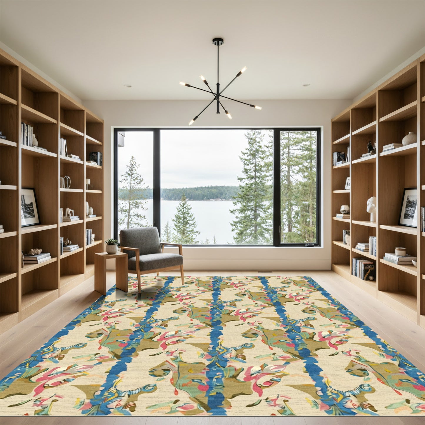 Abstract Vertical Cream Blue Floral Flow Rug