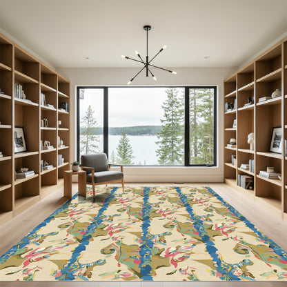 Abstract Vertical Cream Blue Floral Flow Rug