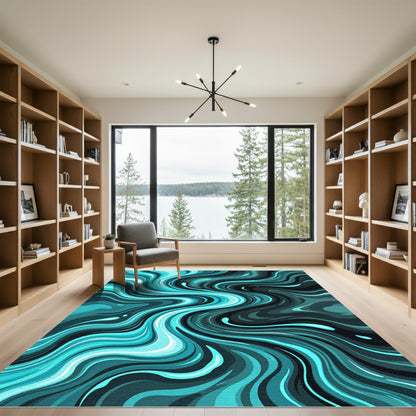 Abstract Teal Swirl Fluid Ribbons Rug