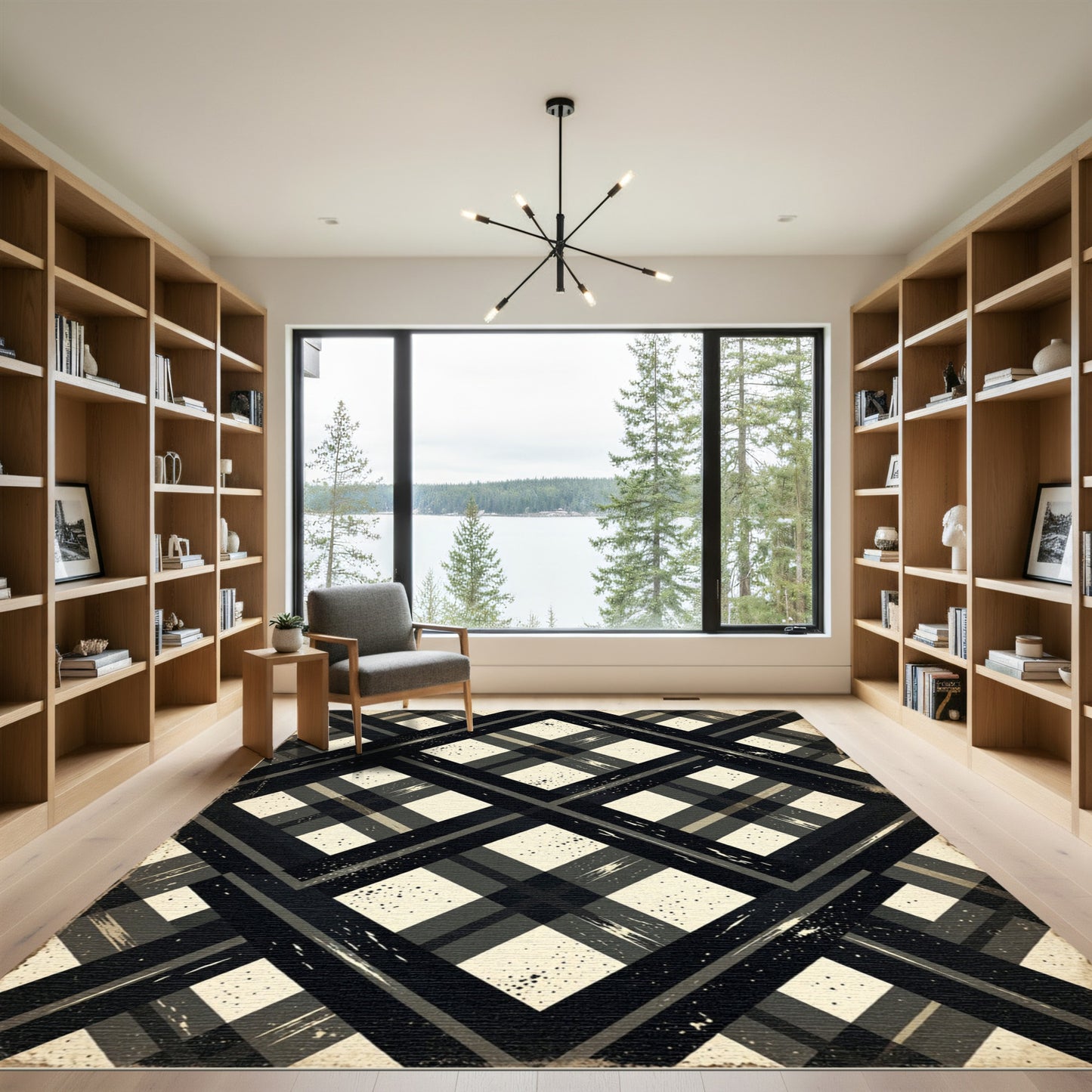 Distressed Charcoal Geometric Plaid Check Rug