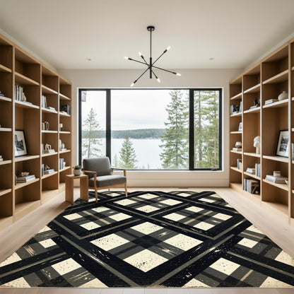 Distressed Charcoal Geometric Plaid Check Rug