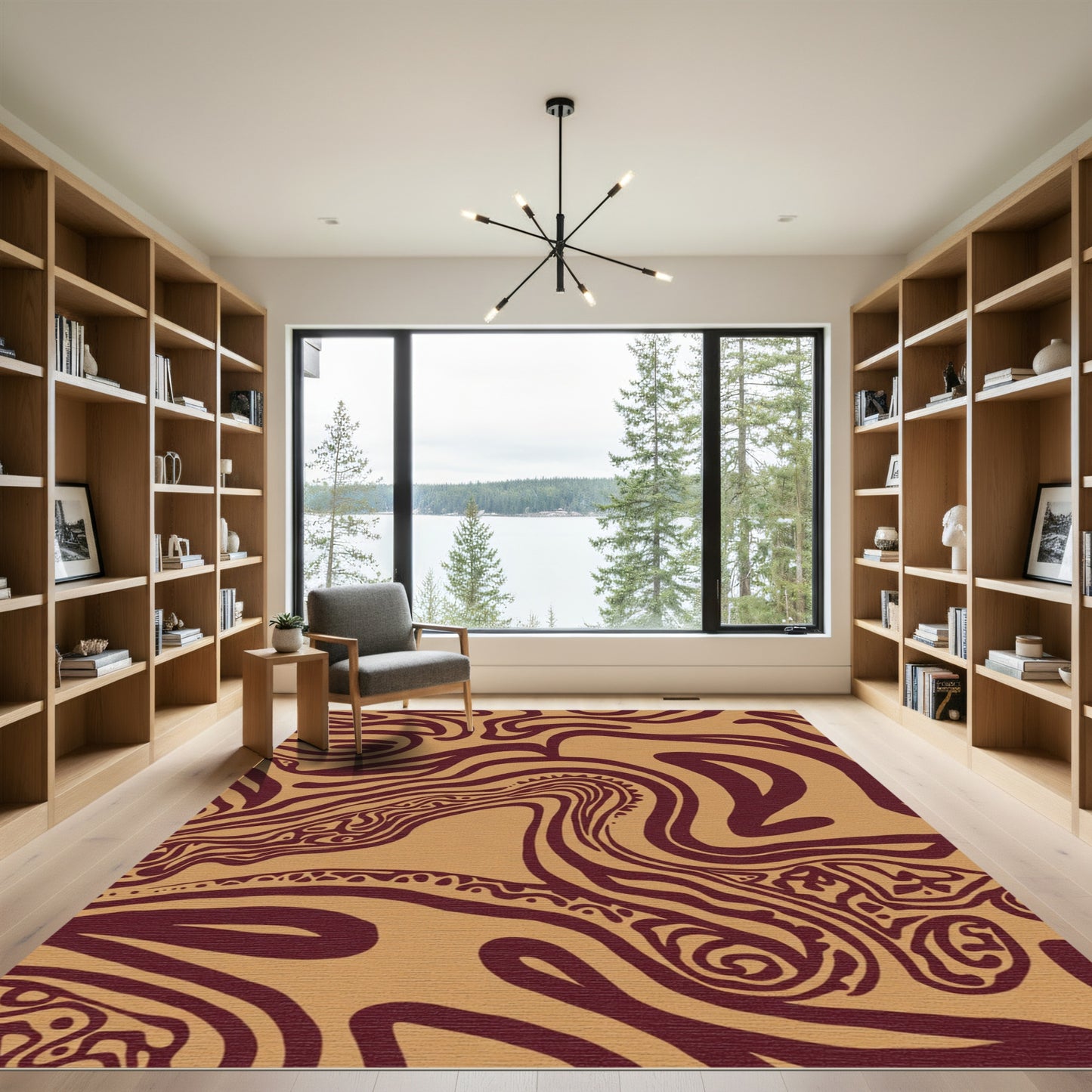 Maroon Swirls On Tan Abstract Rug