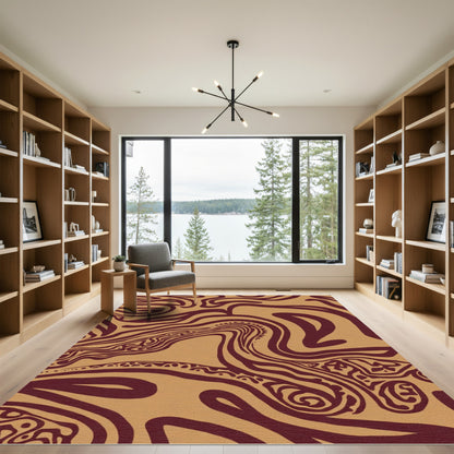 Maroon Swirls On Tan Abstract Rug