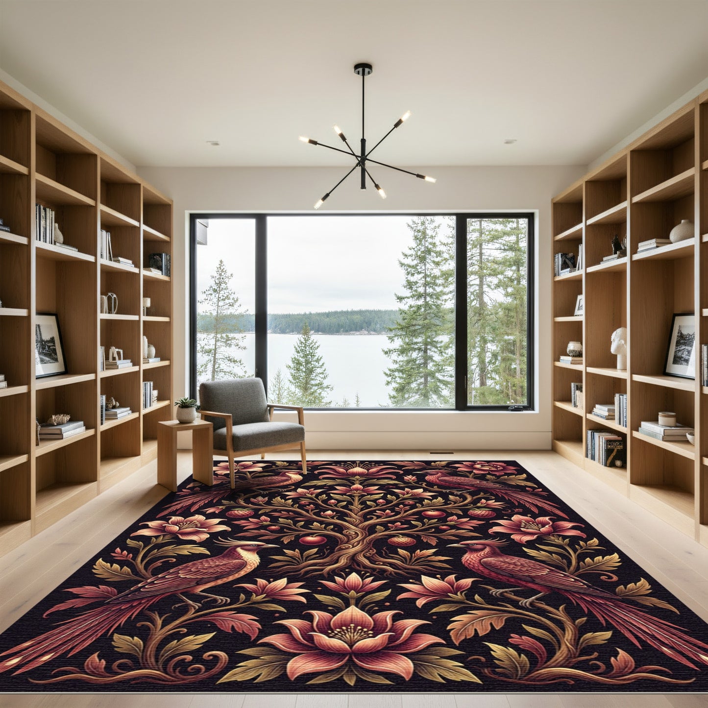 Crimson Birds Floral Tree Composition Rug